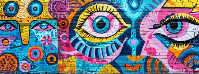 Fototapeta premium Colorful graffiti text on a yellow brick wall background. The graffiti is in the style of colorful street art.