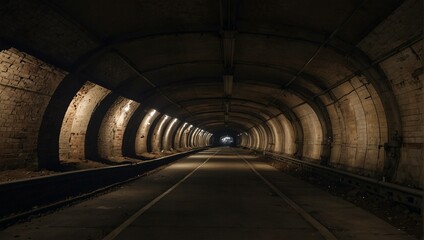A long, dark tunnel with arched stone walls, a paved floor, and light at the far end.