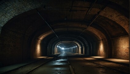 Fototapeta premium A long, dark tunnel with arched stone walls, a paved floor, and light at the far end.