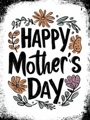 A vibrant, hand-drawn card with a bold Happy Mother's Day message surrounded by nature motifs