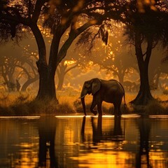 Majestic African elephant standing by the water against an orange sunset in the savannah