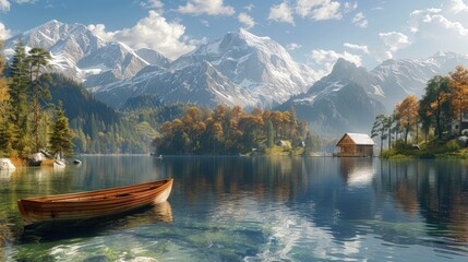 A serene mountain view with a wooden cabin beside a crystal clear alpine lake and a canoe