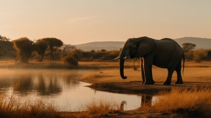 African elephant by water at sunset