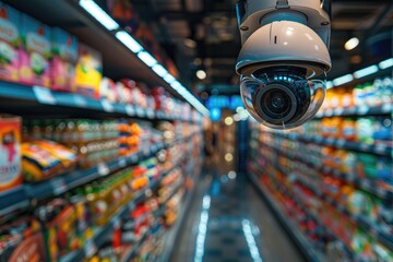 Security camera monitoring grocery store aisle