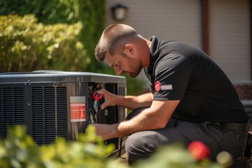 Technician servicing outdoor AC unit