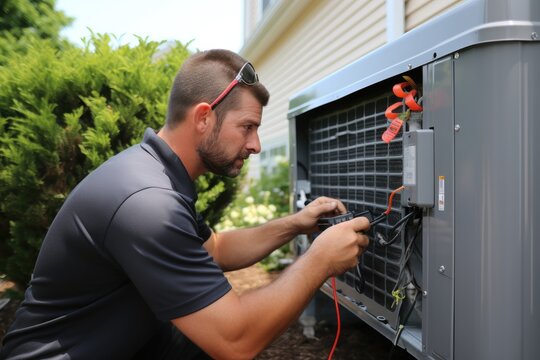 Technician servicing outdoor AC unit