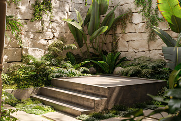garden and stone wall, Surrounding the podium, natural textures and greenery add depth and dimension to the composition