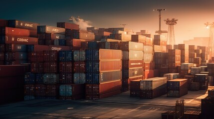 Cargo ship in the harbor at sunset