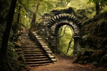 Ancient stone arch with weathered steps surrounded by a mystical forest