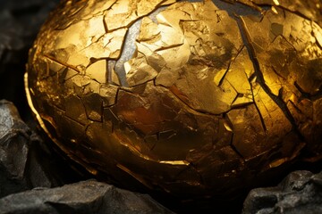 Close-up of a textured golden egg with a cracked surface, nestled among rocks