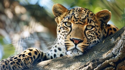 Obraz premium A beautiful lepard on the tree is watching 