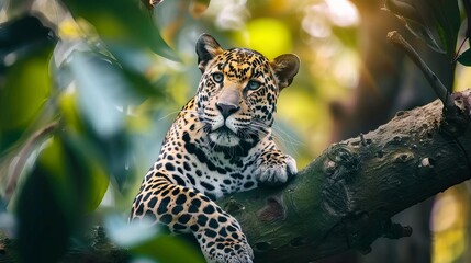 A beautiful lepard on the tree is watching 