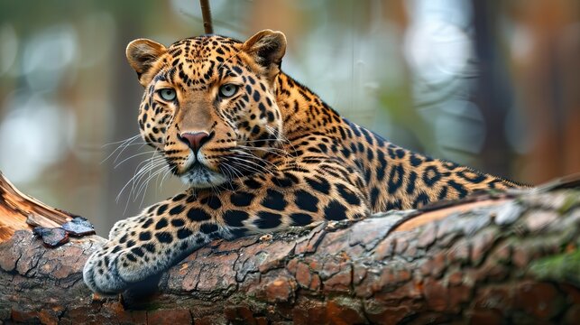 A beautiful lepard on the tree is watching 