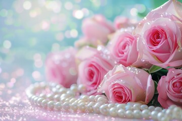 Mother's Day concept, pink roses bouquet with pearls, valentine, wedding card, bokeh glitter background