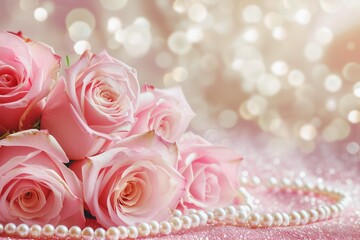 sweet pink rose flowers with pearls for love romance valentine wedding background copy space
