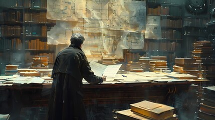 An inventor sketching out blueprints for a revolutionary invention, surrounded by stacks of...