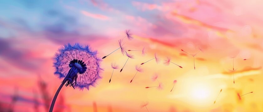 dandelion vibrant sunset sky spring background panoramic view