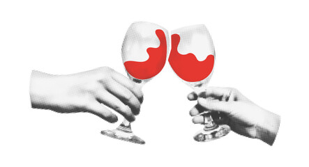Two hands holding red wine glasses halftone art collage. Toast, cheers Cutout magazine shapes, modern retro, grunge punk festive design. Vector illustration isolated on transparent background