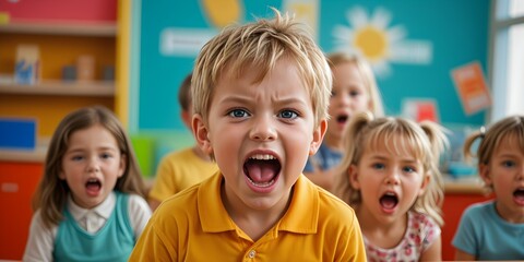 Crying and screaming children in hysterics in kindergarten