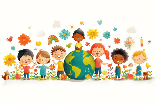 “Children Uniting the World” Children from diverse backgrounds surround and embrace a globe, symbolizing unity, peace, and environmental stewardship amidst a backdrop of flowers and playful elements. - Powered by Adobe