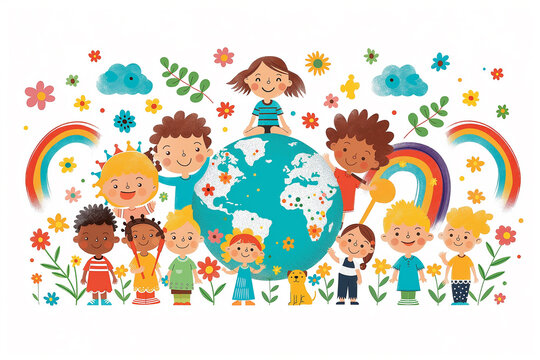 “Children Uniting the World” Children from diverse backgrounds surround and embrace a globe, symbolizing unity, peace, and environmental stewardship amidst a backdrop of flowers and playful elements.