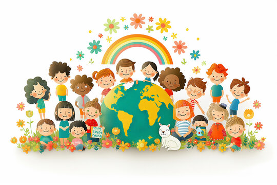 “Children Uniting the World” Children from diverse backgrounds surround and embrace a globe, symbolizing unity, peace, and environmental stewardship amidst a backdrop of flowers and playful elements.
