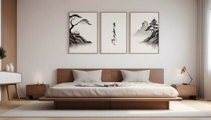 white bedroom, a three-piece painting with zen art hanging on the wall, a minimalist 
