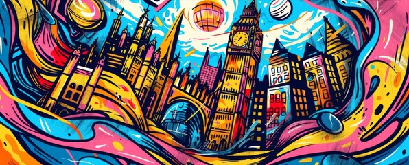 Colorful background sets the stage for vibrant London graffiti