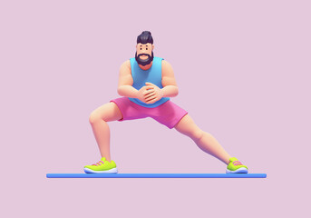 Young cute smiling bearded brunette man wears sportswear, pink shorts, blue tank top, green sneakers doing dynamic warm-up exercises, side lunges on the mat. Front view. 3d render in pastel colors.
