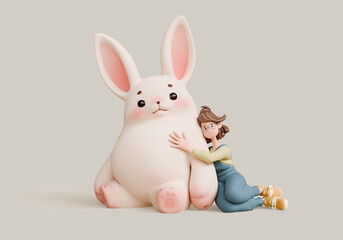 Cute kawaii excited smiling girl sits hugging a big plush toy of a fat white fluffy Easter bunny and rubs his belly with her hand. Rabbit with pink ears, cheeks, soft paws. 3d render in pastel colors.