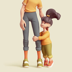 Cute kawaii excited funny asian smiling сheerful child girl wears casual clothes, yellow pullover, green pants, red sneakers, hugs mother's leg. Concept of friendly family. 3d render in pastel colors.