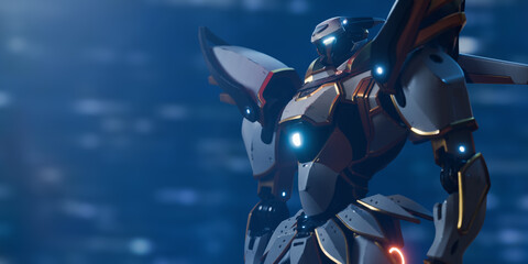 Portrait of science-fiction futuristic mech samurai warrior with white gray, shiny gold, scratched heavy metal armor, glowing eyes on dark blue night light bokeh city backdrop. Battle robot. 3d render