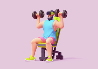 Young cute smiling bearded brunette man in VR glasses wears sportswear, pink shorts, blue tank top, green sneakers trains with dumbbells in his hands, sits on weight bench. 3d render in pastel colors.