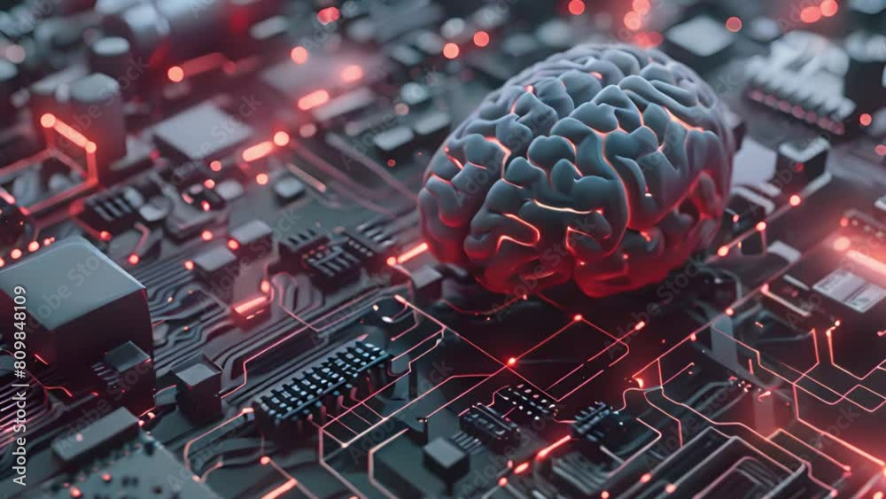Poster a brain rests atop a computer circuit, symbolizing the intersection of technology and neuroscience.