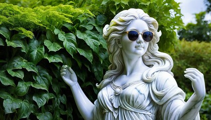White marble statue of a female figure with long hair wearing sunglasses, ancient style Greek or Roman art. on a summer background in a park of green leaves                          