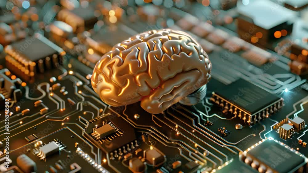 Poster a computer circuit board with a human brain resting on top, symbolizing the integration of technolog