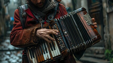 A accordionist squeezing out soulful tunes, their instrument shining against a quaint cobblestone...