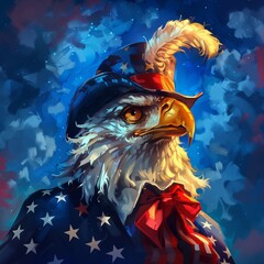 American eagle in a hat and scarf on a background of the American flag