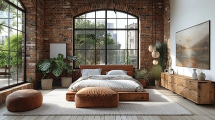 Vintage bedroom in front of industrial brick wall - bed in altem fabrik loft