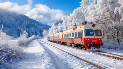 A beautiful train rides on snow-covered rails