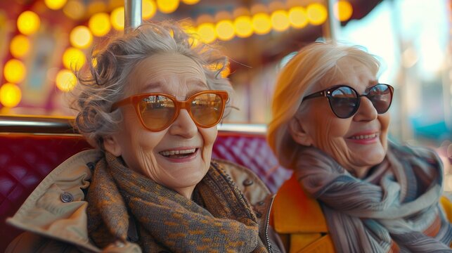 Dos mujeres senior en parque de atracciones