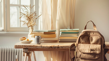 Warm Sunlit Study Space with Books and Backpack by the Window