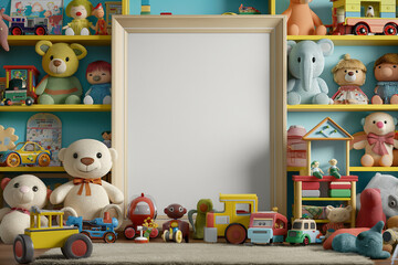 toys for kids, Surrounding the poster frame, an array of colorful toys and dolls are arranged with care, creating a whimsical tableau that sparks joy and creativity