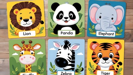 Cute animals cartoon flashcard with name in square frame for kid learning