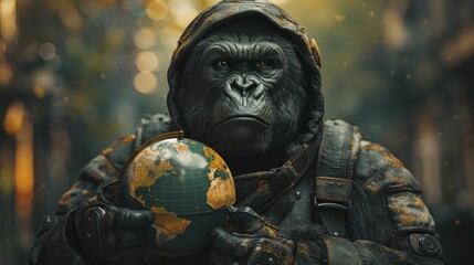 A 3D-rendered gorilla in a minimalist costume holds a globe against a lush green backdrop, promoting an eco-conscious message.