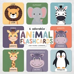 Cute animals cartoon flashcard with name in square frame for kid learning