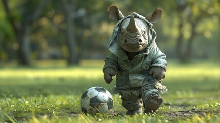 Clean minimalist 3D rendered rhino costume with a soccer ball, grassy field background for a sports theme.