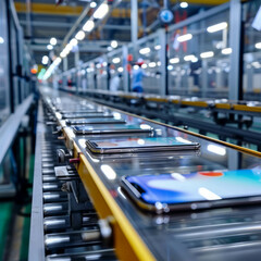 Clean and efficient smartphone production on EP conveyor belts in a modern factory. AI generative technology enhances manufacturing processes.