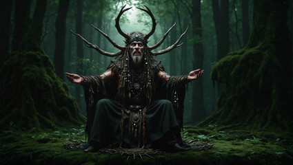 Fototapeta premium Slavic forest druid, spiritual journey in a shamanic dream, decorated outfit with sacred pendants, emblems and trinkets, , dark forest, fantasy illustration, high detail, no AI artifacts