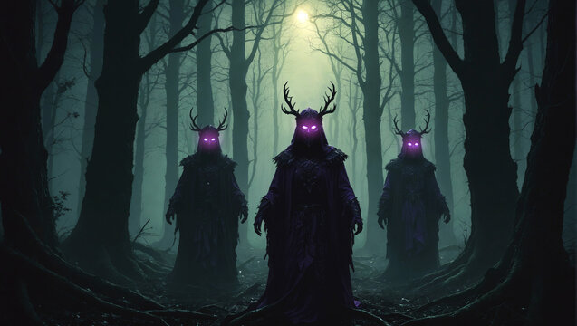 Malevolent spirits of the night, purple glowing eyes, masks and hooded capes, antler, scary forest at sunset, fantasy illustration, high detail, no AI artifacts